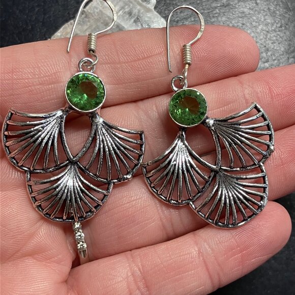 Peridot Ginkgo Leaf Earrings Crystal Stone Jewelry - Picture 3 of 5